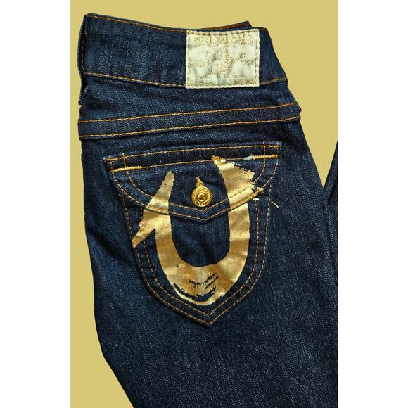True Religion Joey Flare Jeans Twisted Leg Women's Size 28 NWOT Gold Foil Flap - Picture 4 of 6